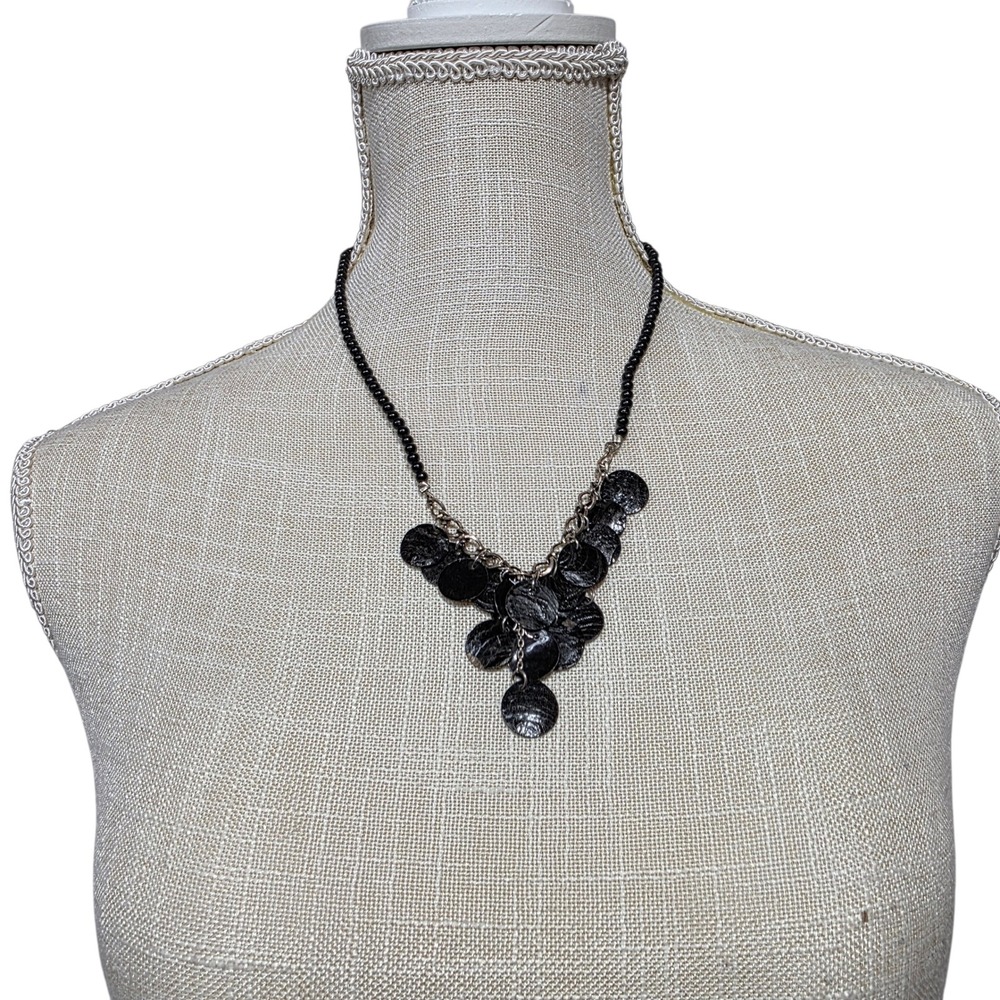 Black Statement Necklace Beaded Chain Disc Pendant Women's Fashion Jewelry
